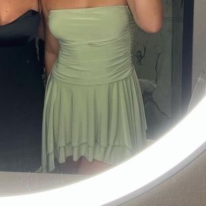 Sage Green Slinky Bandeau Asymmetric Hem Shift Dress